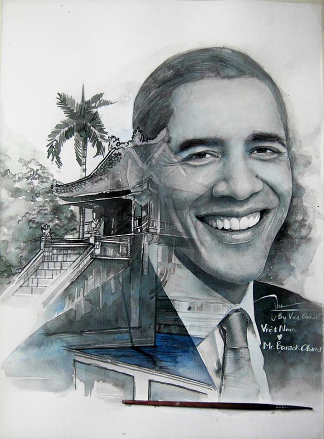 Bức tranh Vẹn Quốc Võ vẽ Tổng thống Obama khi ông sang thăm Việt Nam cũng từng nổi tiếng trên mạng xã hội.